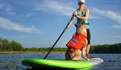 Bodie in float coat sits by Maria on a paddleboard.
