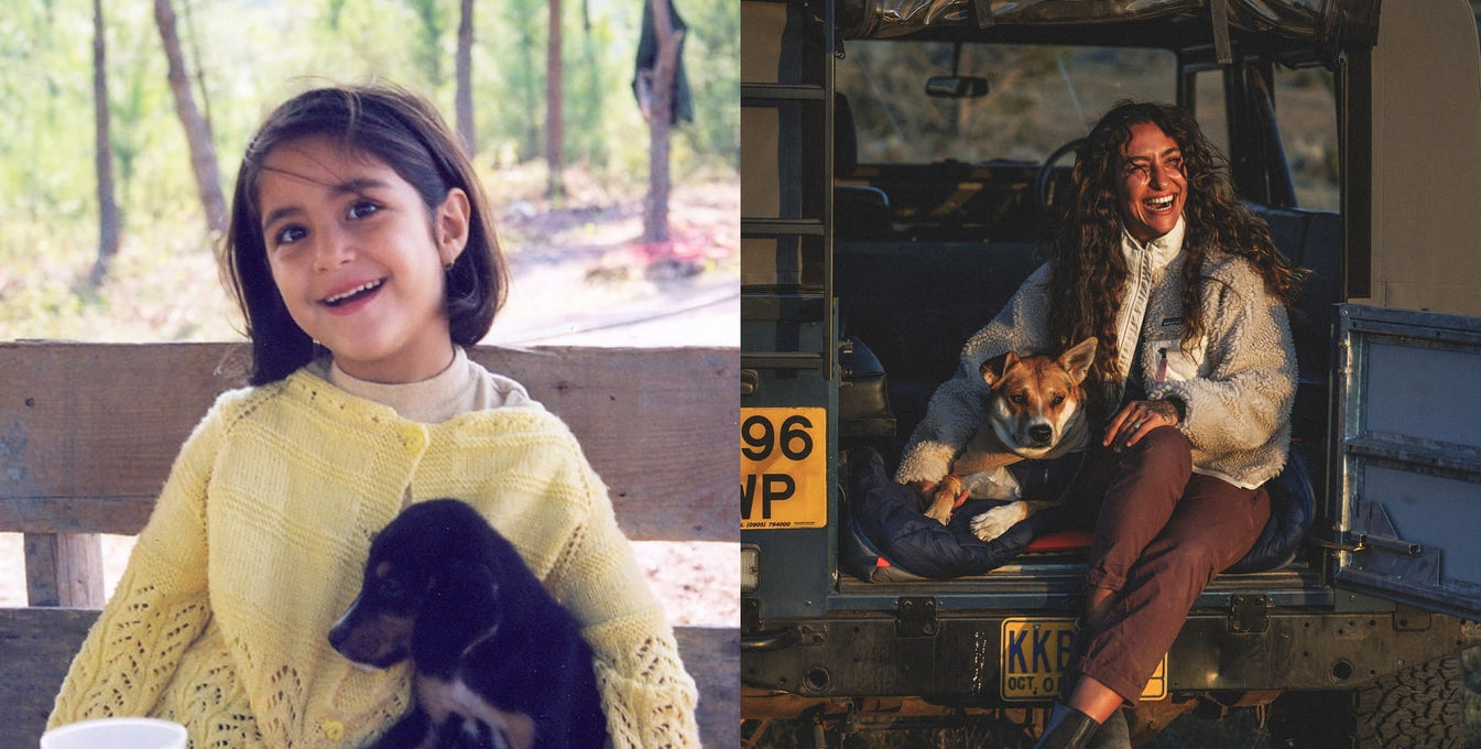 Elif as a child and an adult with her dogs