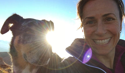 Selfie of Steph Davis and her dog Cajun.