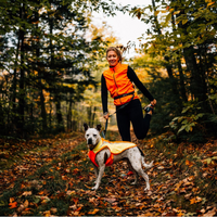 Woman hiking with her dog in the fall.