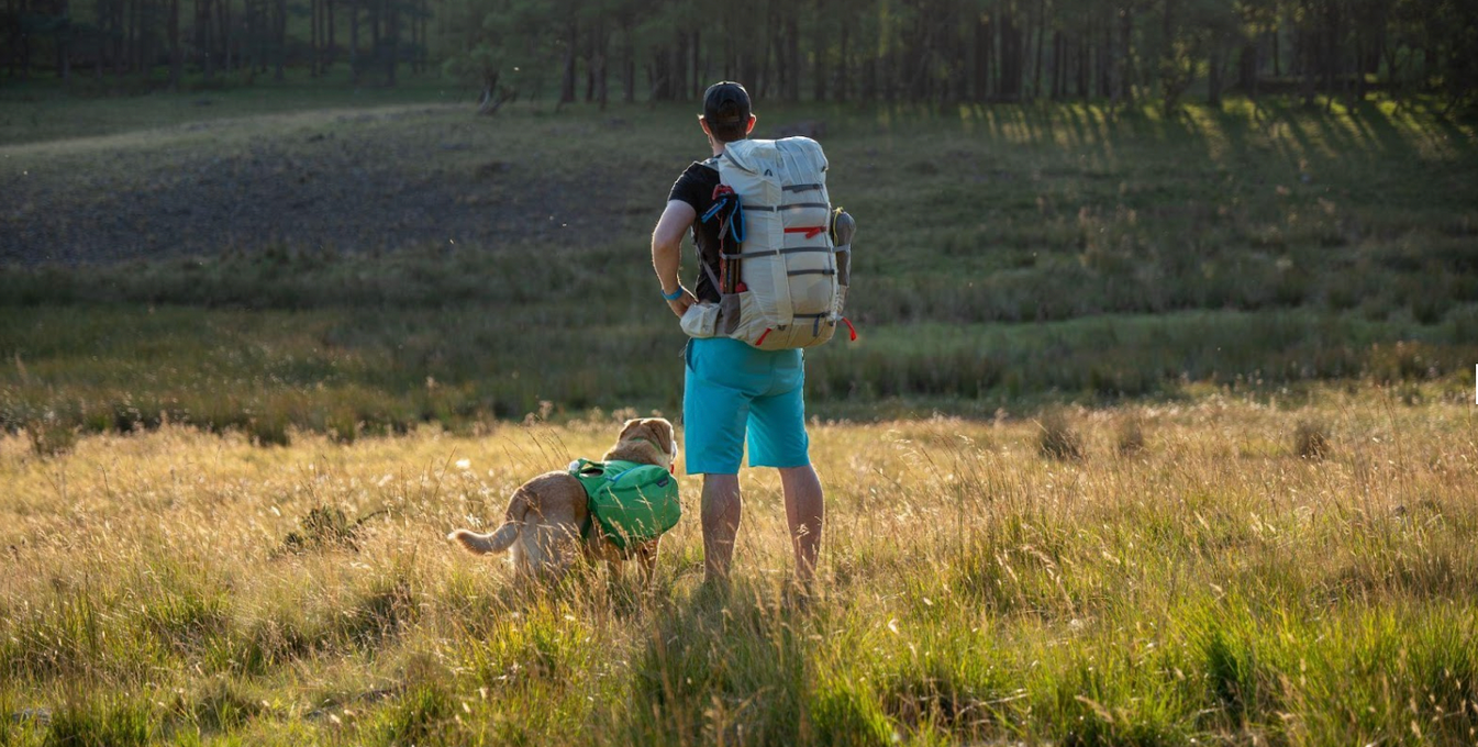 A man stands in a field with his dog while on a backpacking trip. 