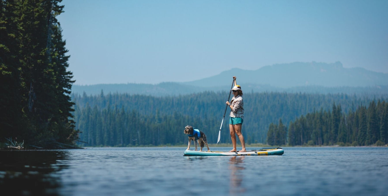 A human and dog paddleboard together on a blue lake