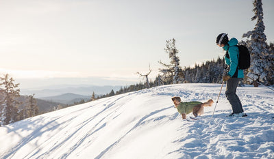 Elise and her pup Bailey (in powder hound) at the top of a ski slope ready to drop in.