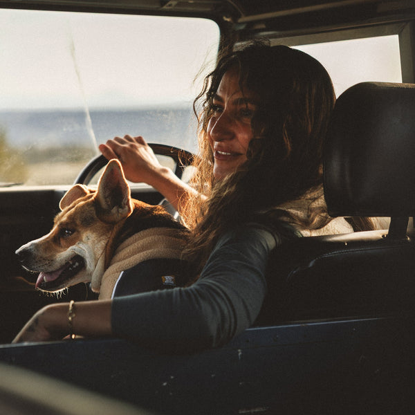 A woman sits in the driving seat of her car with her dog on her lap.